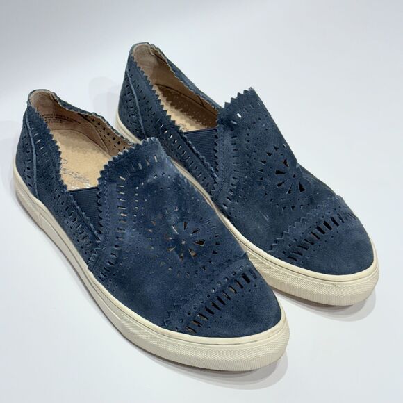 Seychelles Blue Suede Laser Cut Native Print Slip On Sneaker Women’s Size 9.5 - Picture 4 of 15